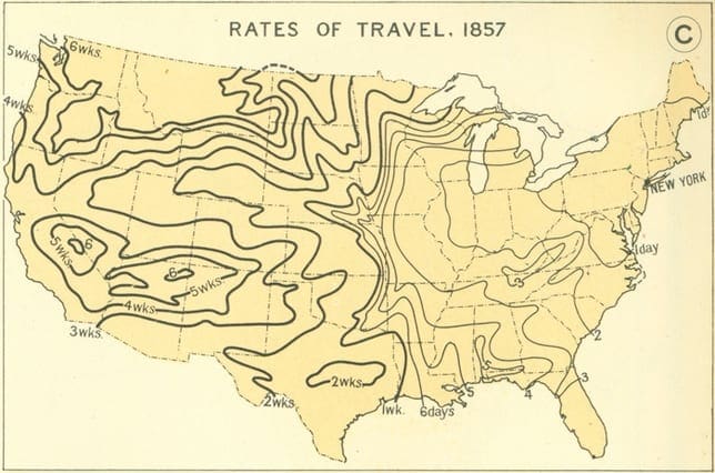 Time to get to anywhere in the conterminous states from New York City, in 1857