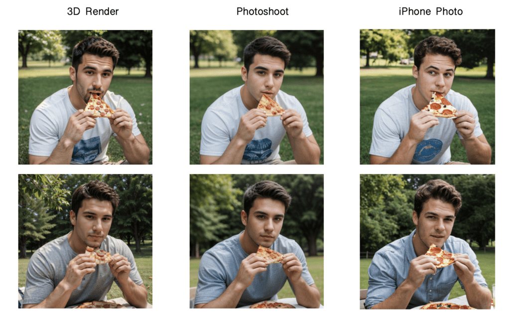 grid of ai-generated images of a guy eating pizza in a park, with varying styles