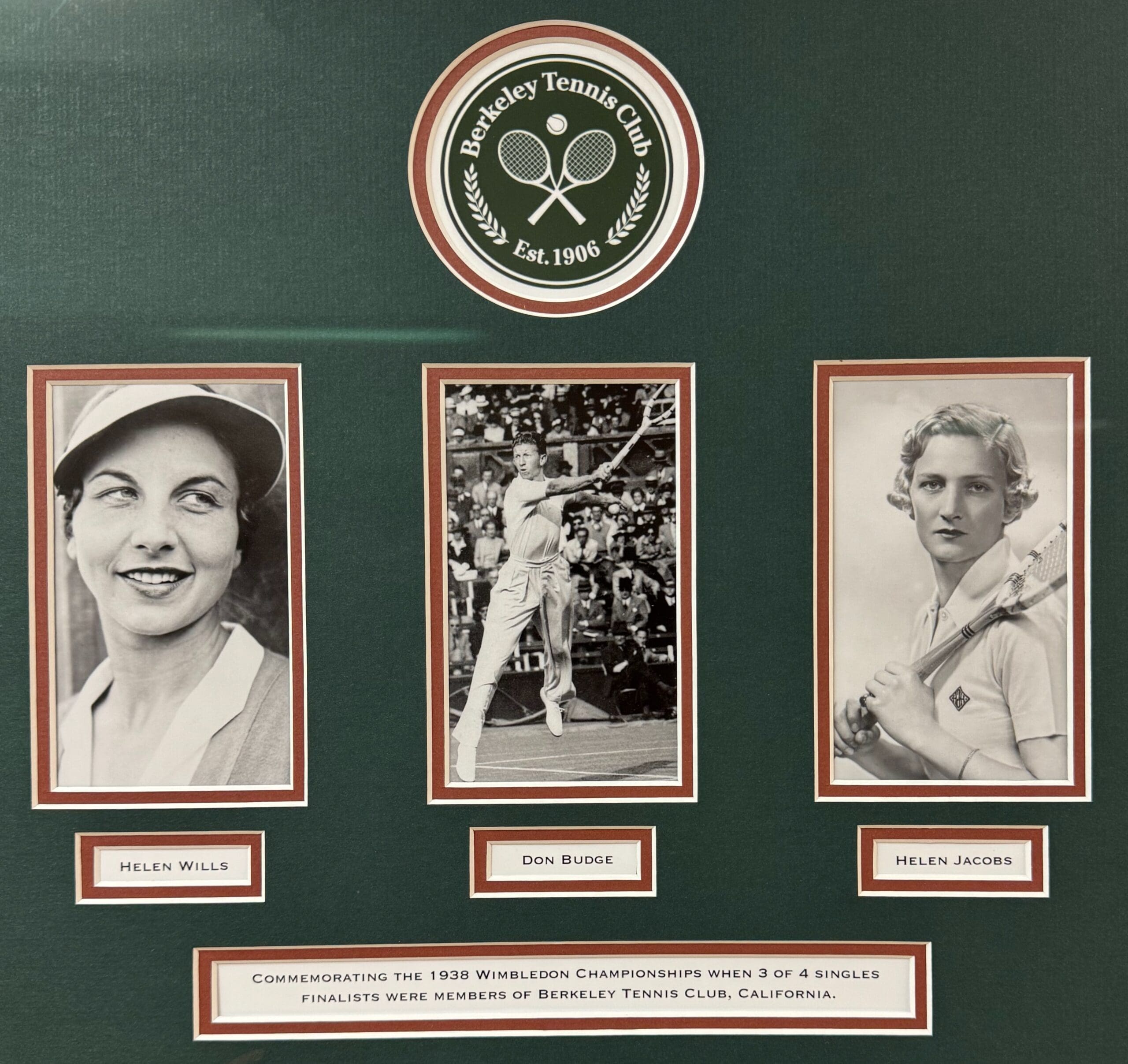 Foto zeigt Helen Wills, Don Budge und Helen Jacobs (Wimbledon-Finalisten von 1938).